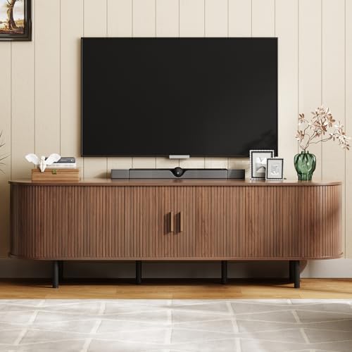 Image of ONBRILL 70.8 inch TV Stand with Power Outlet for TVs up to 75 Inch, Entertainment Center with Storage and Adjustable Shelves, Modern Media Console with Sliding Doors for Living Room, Walnut