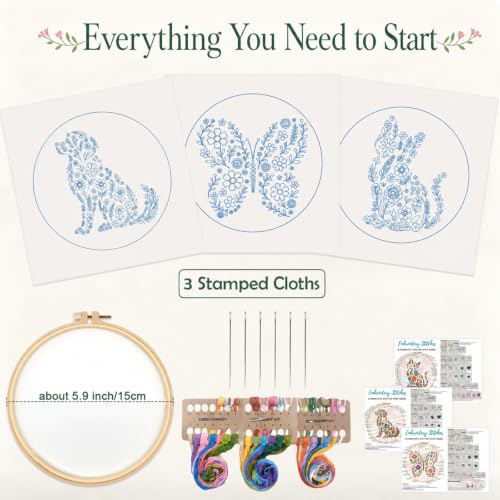 Image of Nuberlic 3 Pack Embroidery Kit for Beginners with Animal Floral Patterm | Stamped Cross Stitch Kit with Hoop, Instructions, Threads and Needles, DIY Craft Gifts for Women