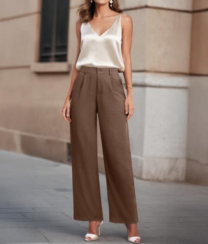 Image of Feiersi Womens Casual Wide Leg Pants High Waisted Button Down Straight Long Trousers Palazzo Pants