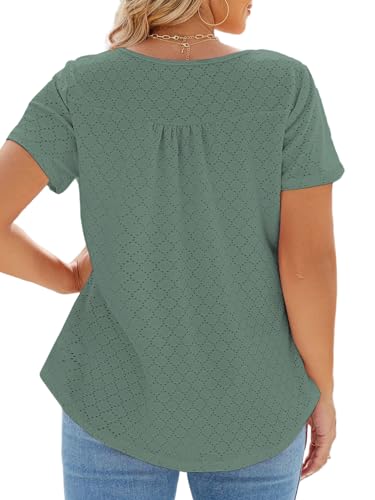 Image of VISLILY Womens-Plus-Size-Summer-Tops Buttons Up Henley Shirts Flowy Pleated Tunics Trendy Eyelet Short Sleeve Blouses