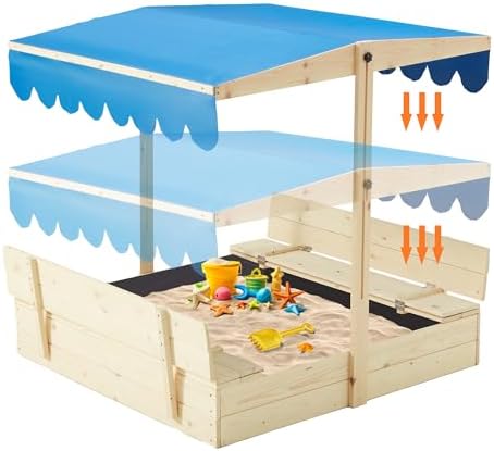 YOLENY Sandbox with Lid,Kids Sandbox with Cover Outdoor,Wooden Sand Box with 2 Foldable Bench Seats for Ages 2-8, Adjustable UV-Resistant Roof & Bottom Liner for Backyard,Beach