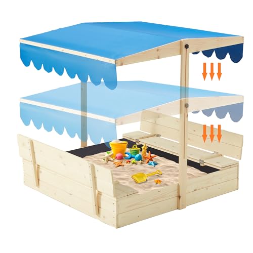 YOLENY Sandbox with Lid,Kids Sandbox with Cover Outdoor,Wooden Sand Box with 2 Foldable Bench Seats for Ages 2-8, Adjustable UV-Resistant Roof & Bottom Liner for Backyard,Beach