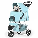 MoNiBloom 3 Wheels Pet Dog Cat Stroller for Small Medium Dogs Cats, Lightweight Foldable Jogger Stroller w/Storage Basket and Cup Holder, Mint Green