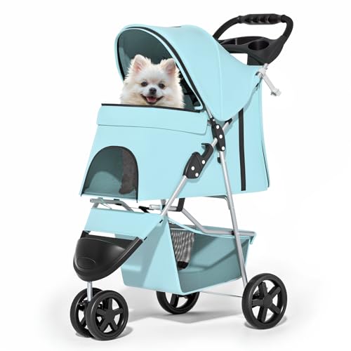 Image of MoNiBloom 3 Wheels Pet Dog Cat Stroller for Small Medium Dogs Cats, Lightweight Foldable Jogger Stroller w /Storage Basket and Cup Holder, Mint Green