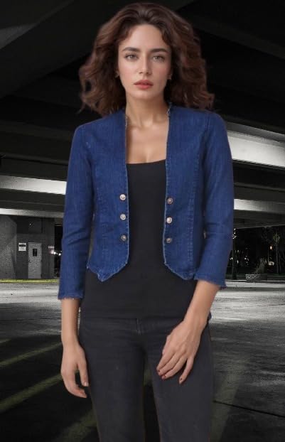 Image of Wingzss Women's Denim Cropped Blazer, Button Front, 3 /4 Sleeve, Sky Blue