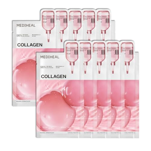 Mediheal Essential Face Mask [Collagen] Core Firming 10 pcs. with 98% Purity Collagen for Plumping Hydration, Glass Skin & Skin Firming - Travel Essentials, Vegan Formula Korean Beauty Sheet Mask