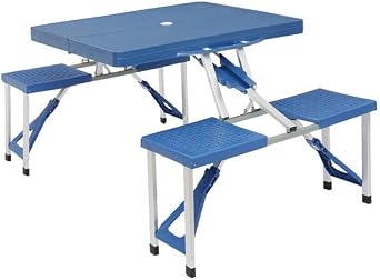N/A Portable Aluminum Folding Picnic Table with 4 Seats One Piece Chair, Camping Picnic Table with Hole for Parasol, Blue One Piece Folding Table - Blue