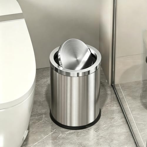 Image of 7L /1.8GAL Stainless Steel Trash can,Bathroom Trash can with lid,Small Trash Can with Flipping Lid, Mini Garbage cans for Kitchen,Living Room. Metallic Gold (7L-Silver)