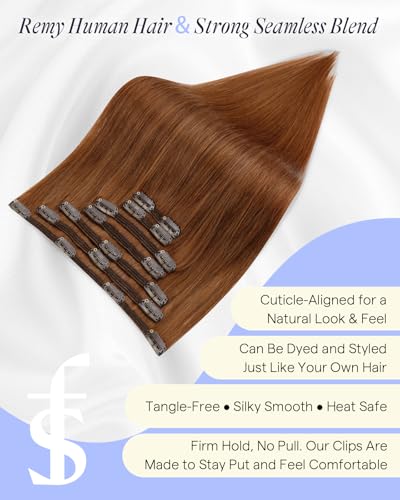 Image of Full Shine Thick Clip in Hair Extensions, Copper Brown, 24 Inch 220g 7Pcs | Real Human Hair Extensions Clip ins, Invisible Weft Remy Hair, Natural Fullness, Medium Hair Density