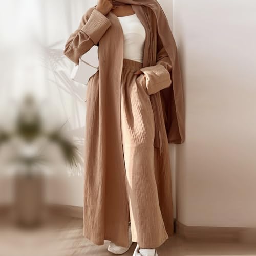 Image of Open Abayas Kimono Muslim Women Cardigan Maxi Dress and pants Set Islamic Clothing Dubai Saudi Robe