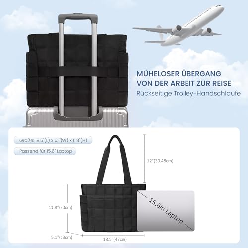 befen Puffer Handtasche Damen Groß Shopper Tasche Tragbare 15.6' Laptop Tote Bag Sporttasche Reisetasche Mit Reißverschluss Trolley-Abdeckung für Arbeit, Reisen, Fitness (Schwarz)