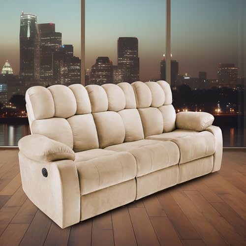 Image of Little NAP Helios Soft Suede Fabric Three Motorized Standard Recliner | Padded 3 Seater Aaram Sofa | Relaxing Chair for Home Office Living Bed Room | Beige