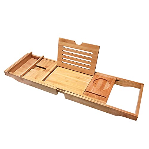 DANDANJIE Bamboo Bathtub Tray Over Bath Bridge Tub Caddy Tray Wood Bathtub Rack Bath Shelf with Removable Accessory Trays Smart Phone Slot and Wine Glass Holder,1 Tray