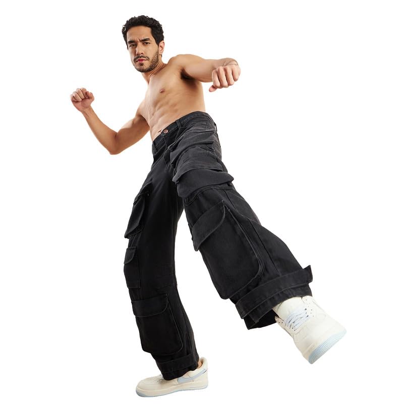 Image of FUGAZEE Black Super Baggy Cargo Denim Jeans for Men | 100% Cotton Non-Stretch Fabric | Oversized Fit | Cargo Pockets | Button & Zip Closure | Streetwear Utility Pants