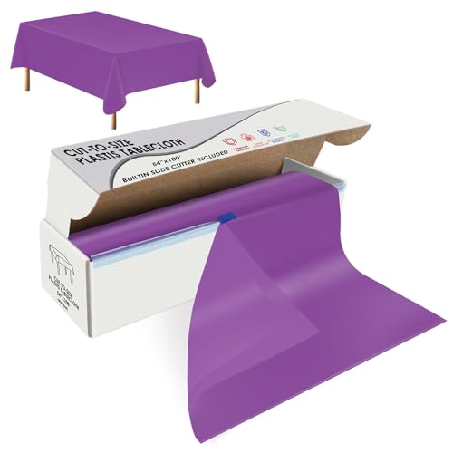 Image of tujol Purple Disposable Plastic Table Cloth Roll 54 inch X 100', Plastic Table Cover with Cutter Box, Cut to Size Disposable Tablecloth for Parties