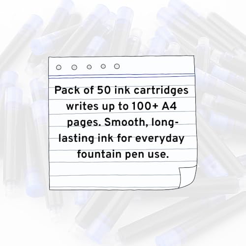 Image of Blue Fountain Pen Ink Cartridges, 50 Pack, 3.4mm Bore, Quick-Drying, 51mm Length (50)