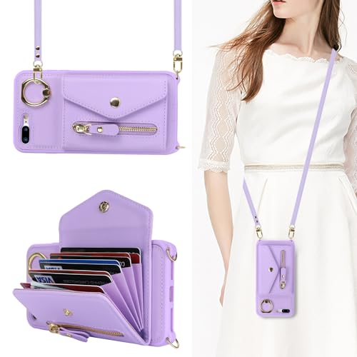 SailorTech iPhone 7 Plus/8 Plus Case with Zipper Credit Card Holder, Leather Case Ring Stand with Card Slots Kickstand Wallet Crossbody - Purple