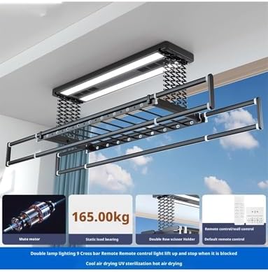 Ceiling Clothes Dryer Aluminium and Steel Electric Clothes Dryer with Remote Control,Electric Retractable Clothes Drying Rack, Ceiling Mounted with LED Light & Remote for Space Saving Laundr
