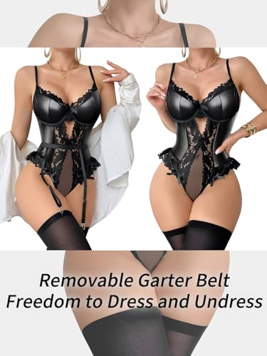 Image of Lilosy Sexy Stocking Lace Mesh Bodysuit Top Underwire Garter Lingerie Set 3 Piece