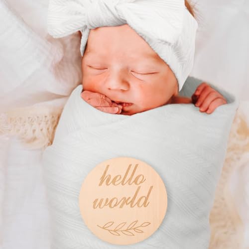 Image of DRESHOW BQUBO Baby Swaddle Blankets for Girls, 4PCS Newborn Accessories Set with Hat and Bow Headband with Hello World Wooden Birth Announcement Card, Baby Blankets for Girls (White)
