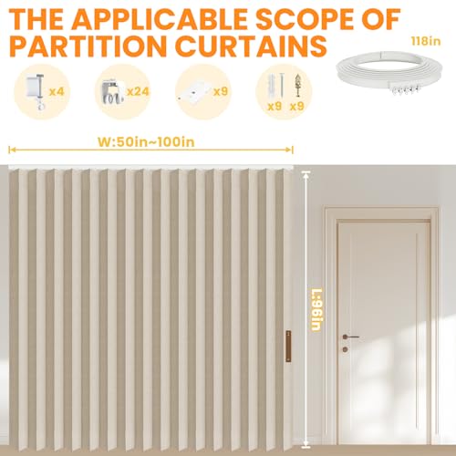 Image of 100% Blackout Room Divider Curtains Ceiling Curtain Track Sets Blackout Curtains Ceiling Track for Curtain Flexible Track Curtain Extra Wide(Beige, W100 x L96, 1 Pack)