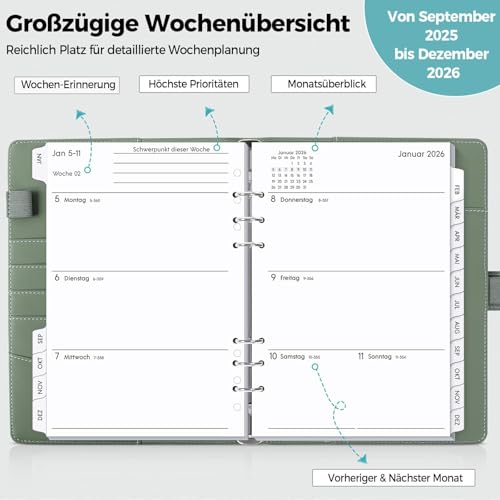 SKYDUE Kalender Ringbuch A5 Nachfüllbar,Ringbuch A5 Nachfüllbar, Planer 2026, Terminplaner 2026 Perfekt Für Schüler Und Berufstätige(Olivgrün)