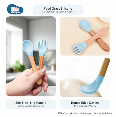 Image of Kids Station Whale Design 8-Piece Silicone Feeding Set for Babies | BPA-Free, Suction Bowl, Plate, Spoon, Fork, Bib, Cup & Straw - Dishwasher Safe | Ideal for Infants & Toddlers (Pack of 8, Blue)