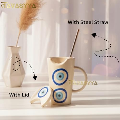 Image of Handmade Ceramic Mug, 450ml Tumbler with Lid & Straw - Cream with Blue Evil Eye Design, Cup for Hot & Cold Beverages - Coffee, Tea, Milk | Microwave & Dishwasher Safe | Perfect for Gifting