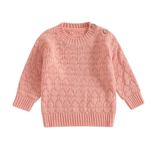 Kids Solid Color Sweaters Button Sholuder Long Sleeve Round Neck Ribbed Knitted Pullover