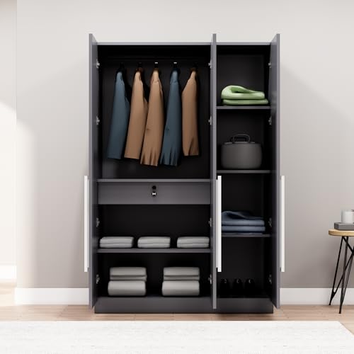 Image of Bniture 3 Door Wardrobe for Bedroom with Lockable Door & Hanging Space | Almirah for Clothes with Elevated Bottom Base | Wardrobe for Storage Cupboard | 3 Years Warranty (Slate Grey, 3 Door