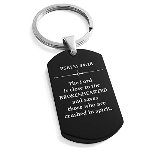 Stainless Steel Brokenhearted Psalm 34:18 Dog Tag Keychain Keyring