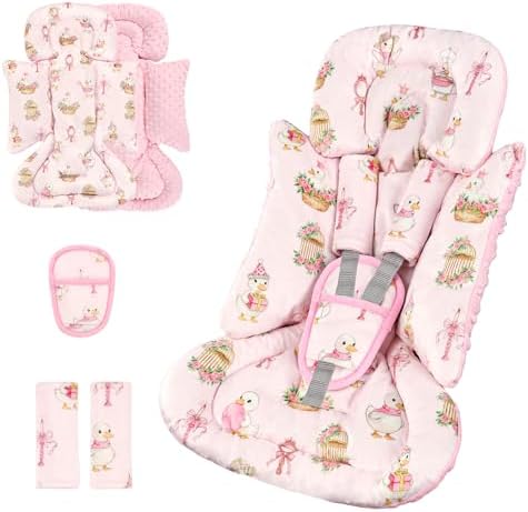 Infant Car Seat Insert for Newborn Girls Boys, Reversible Baby Carseat Head Support with Strap Pads, Soft Baby Car Seat Insert Cushion Pad for Car Seat, Stroller, Bouncer, Swing, Pink Goose