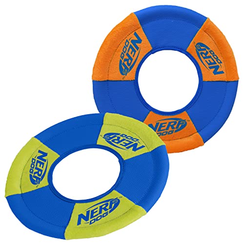 Nerf Dog Toss And Tug Ring Dog Toy, Flying Disc, Lightweight, Durable And Water Resistant, 9 Inch Diameter, For Medium/Large Breeds, Two Pack, Green And Orange #TOP6