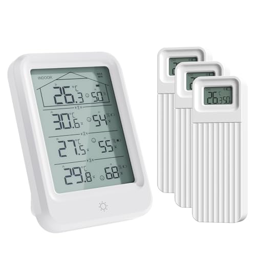 Digital Indoor Outdoor Thermometer &amp; Hygrometer, 400FT Wireless Temperature Humidity Meter Monitor,1 Receiver 3 Sensor Inside/Outside Temp/RH Gauge for House,Home Room,Garage,Patio,Baby Nursery,Office