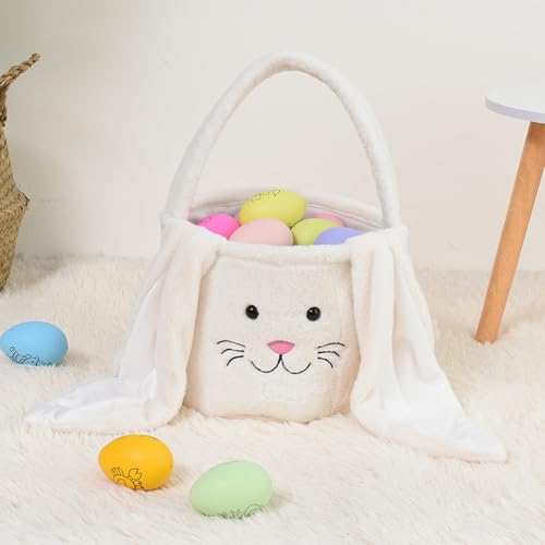 Image of Plush Easter Bunny Basket Bags for Kids, Rabbit Bucket Tote with Long Fluffy Ears, Cute Egg Hunts Party Storage Candy Gifts Carry Bucket Decorations (White)