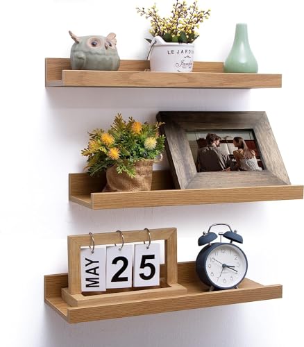 Image of Wooden Floating Wall Shelves Set of 3 for Living Room & Bedroom | Modern Wall Mounted Display Rack for Decor, Photo Frames, Plants & Storage (Natural, 16 Inch)