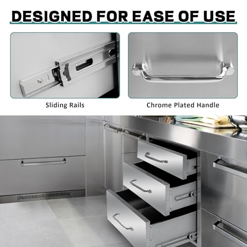 Image of Outdoor Kitchen Drawers 18''Wx 23''H x 23''D Stainless Steel Drawer BBQ Triple Drawers with Chrome Handle for Outdoor Kitchen Island, Patio Grill Station