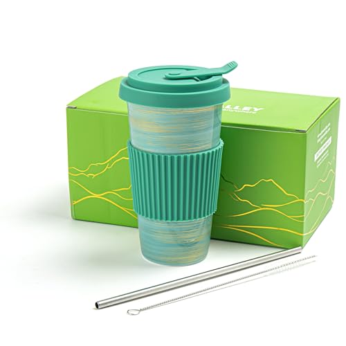 TIANNA VALLEY Taza de café de viaje de color verde claro, taza de café de cerámica con tapa y pajita (15oz/450 ml), hecha a mano, taza de viaje, microondas y lavavajillas, taza segura con tapa
