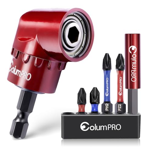 ColumPRO 105 Degree Right Angle Drill Screwdriver Bit Set 1/4 Hex Shank Right Angle Drill Attachment with 4PCS PZ2 & PH2 Screwdriver Bits and Bit Holder