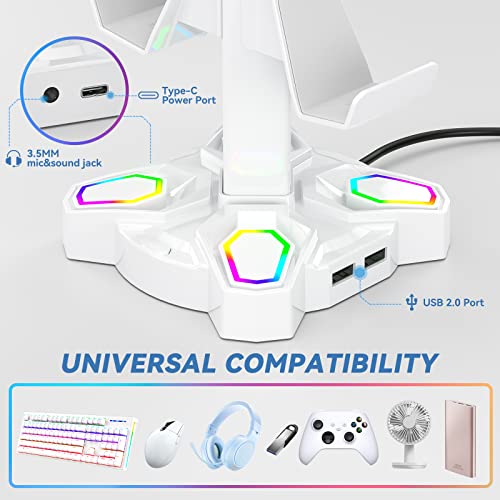 Kdd Gaming Rgb Headphones Stand, Rotatable Headset Stand With 9 Light Modes - Controller Holder With 2 Usb Charging Ports And 3.5Mm & Type-C Port - Earphone Hanger Accessories For Desktop Gamer(White) #TOP2