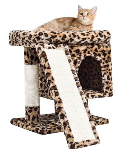 SYANDLVY Small Leopard Print Cat Tree with Perch for Indoor Cats Cat Tower with Scratching Post Modern Activity House for Large Cats Condo with Board Kittens Cave