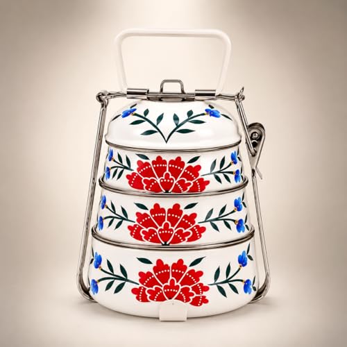 Image of iHandikart Handpainted Decorative Lunch Box Tiffin | Multiple Tier Stainless Steel Food Box | Designer Indian Print Tiffin for School | Diwali Gift, Navratri Gift (Color - Multicolor)