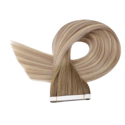 Image of Full Shine Hair Extensions Real Human Hair Tape in Color 8 /60 /18 Tape in Extensions 22Inch Genius Wide Long Weft Remy Seamless Invisible Extension 50G Natural Straight Soft One Piece