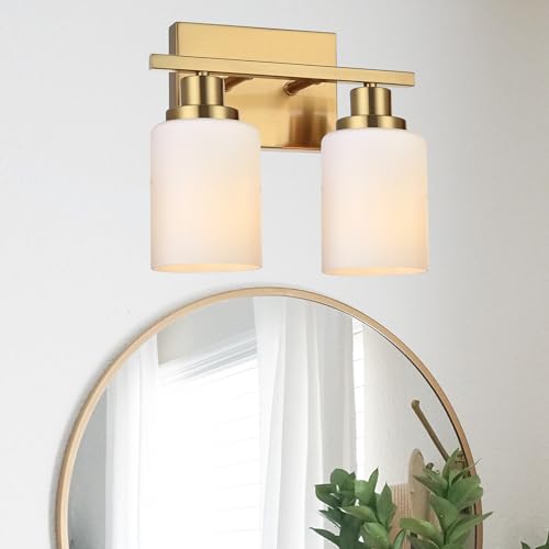 Image of MELUCEE Bathroom Light Fixtures Brushed Brass, 2-Light Bathroom Vanity Light with Milky White Glass Shades E26 Sockets, Bathroom Lights Over Mirror Wall Lights for Bedroom Hallway Living Room