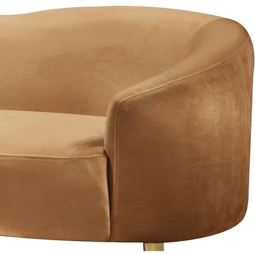 Image of Rosewood Luxury Curved Sofa in Premium Velvet-Fabric | Solid Wood Structure | High Density Foam | Sturdy Golden Legs | Comfortable & Stylish Couch for Modern Living Room (Saddle, 2 Seater)