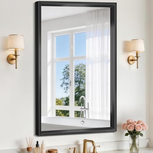 Image of Black Framed Mirror 24 inchx40 inch, Brushed Black Bathroom Mirrors for Over Sink, 0.6 inch Thickened Deep Frame Rectangle Mirrors for Wall, Shatterproof Tempered Glass, Antirust, Horizontally /Vertically