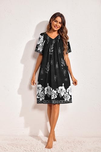 Image of Ekouaer Womens House Dress Floral Print Nightgown with Pockets Mumu Dress | V Neck Nightgowns for Women Pleated Short Sleeves Mumu Dresses Knee Length Moo Moo for Sleep, Daily Wear, Vacation, Party