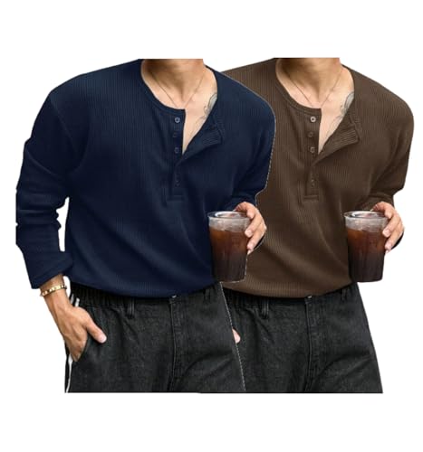 Image of Trillion Men's Textured Fabric Solid Color Basic Half-Open Collar T-Shirt, Fall Long Sleeve Men Shirt | Tshirt for Men