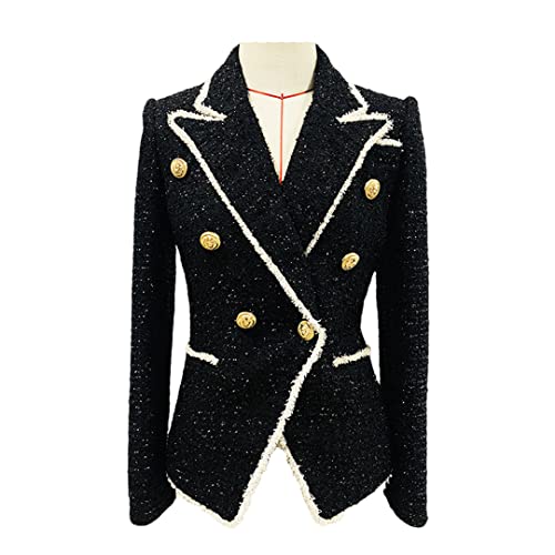 Alloaone Women Tweed Outwear Vintage Black Double Breasted Elegant Lady Autumn Winter Blazer Jacket3