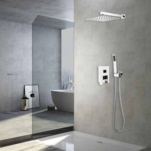 Set de ducha con grifería GGStudy en acabado cromo pulido, incluye cabezal de ducha cuadrado de 10 pulgadas en acero inoxidable, ducha de mano, brazo de ducha de latón y válvula de instalación empotrada miniatura 2